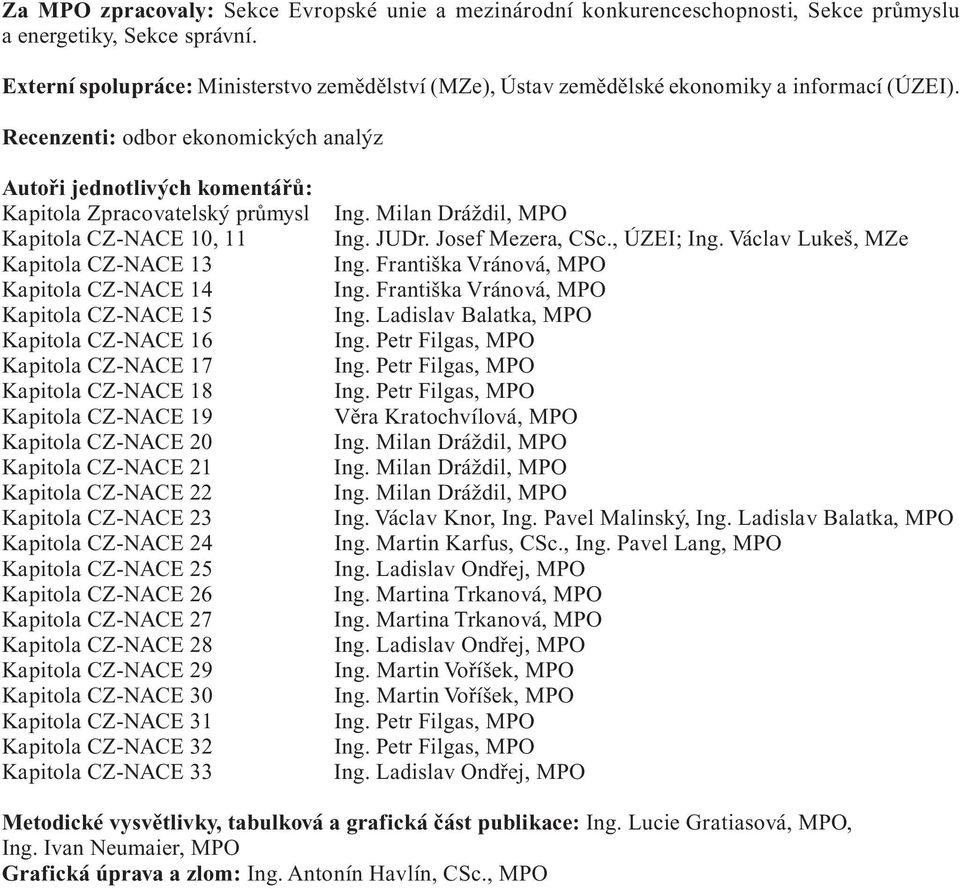 Recenzenti: odbor ekonomických analýz Autoři jednotlivých komentářů: Kapitola Zpracovatelský průmysl Kapitola CZ-NACE 10, 11 Kapitola CZ-NACE 13 Kapitola CZ-NACE 14 Kapitola CZ-NACE 15 Kapitola