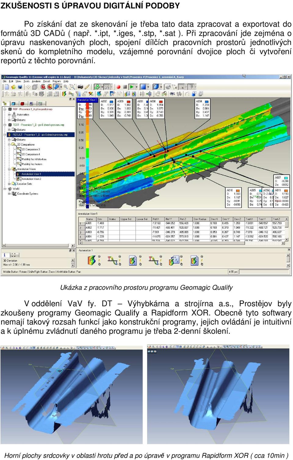 porovnání. Ukázka z pracovního prostoru programu Geomagic Qualify V oddělení VaV fy. DT Výhybkárna a strojírna a.s., Prostějov byly zkoušeny programy Geomagic Qualify a Rapidform XOR.