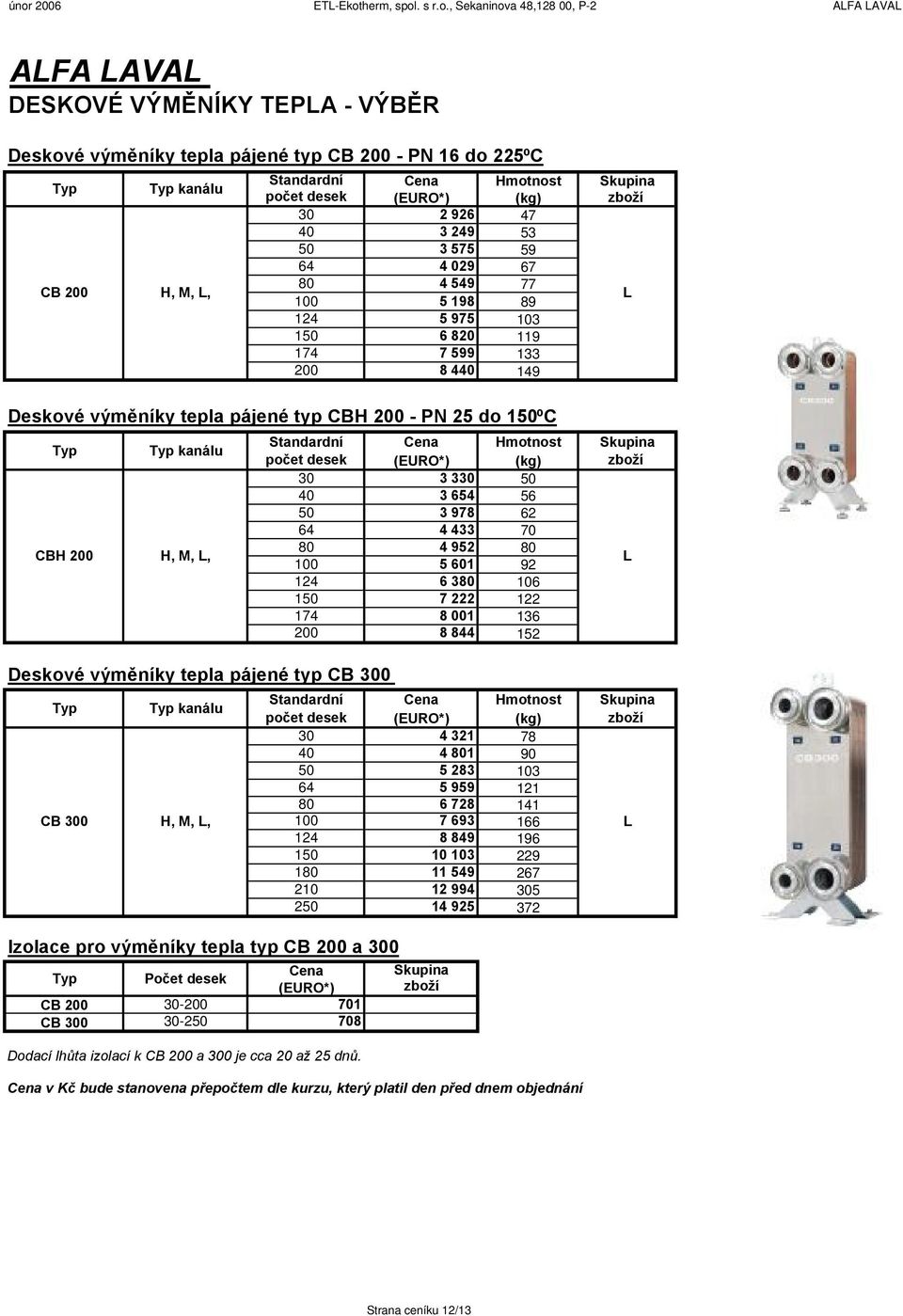 tepla pájené typ CBH 200 - PN 25 do 150ºC Typ Typ kanálu CBH 200 H, M, L, Deskové výměníky tepla pájené typ CB 300 Typ Typ kanálu CB 300 H, M, L, Standardní Cena Hmotnost počet desek (EURO*) (kg) 30