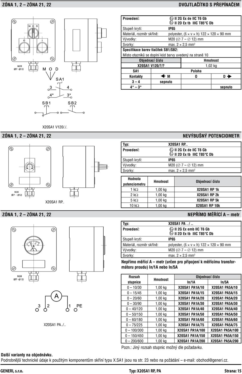 /. ZÓNA 1, 2 ZÓNA 21, 22 NEVÝBUŠNÝ POTENCIOMETR Typ: X20SA1 RP.. II 2G Ex de IIC T6 Gb II 2D Ex tb IIIC T85 C Db IP65 Vývodky: M20 ( 7 12) mm Svorky: max. 2 2,5 mm 2 ZÓNA 1, 2 ZÓNA 21, 22 X20SA1 RP.