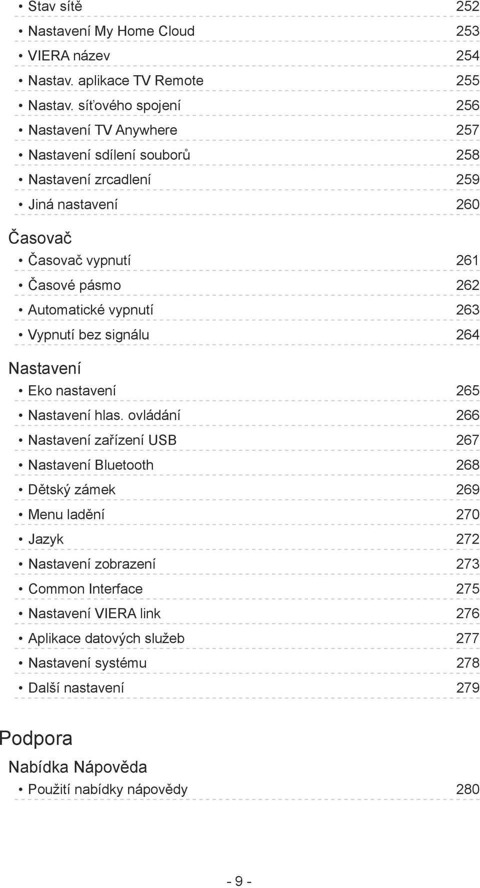 Automatické vypnutí 263 Vypnutí bez signálu 264 Nastavení Eko nastavení 265 Nastavení hlas.