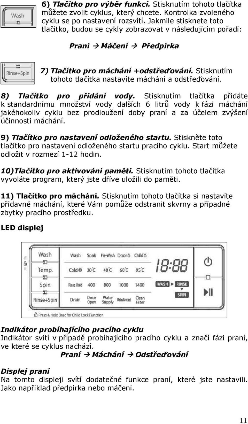 Stisknutím tohoto tlačítka nastavíte máchání a odstřeďování. 8) Tlačítko pro přidání vody.