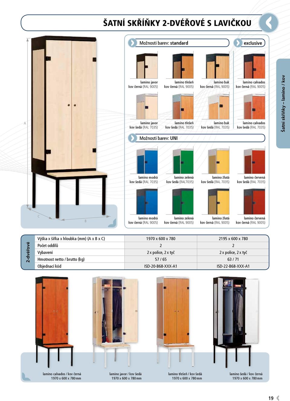 hloubka (mm) (A x B x C) 1970 x 600 x 780 2195 x 600 x 780 Počet oddílů 2 2 Vybavení 2 x police, 2 x tyč 2 x police, 2 x tyč Hmotnost netto / brutto (kg) 57 / 65 63 / 71 Objednací kód