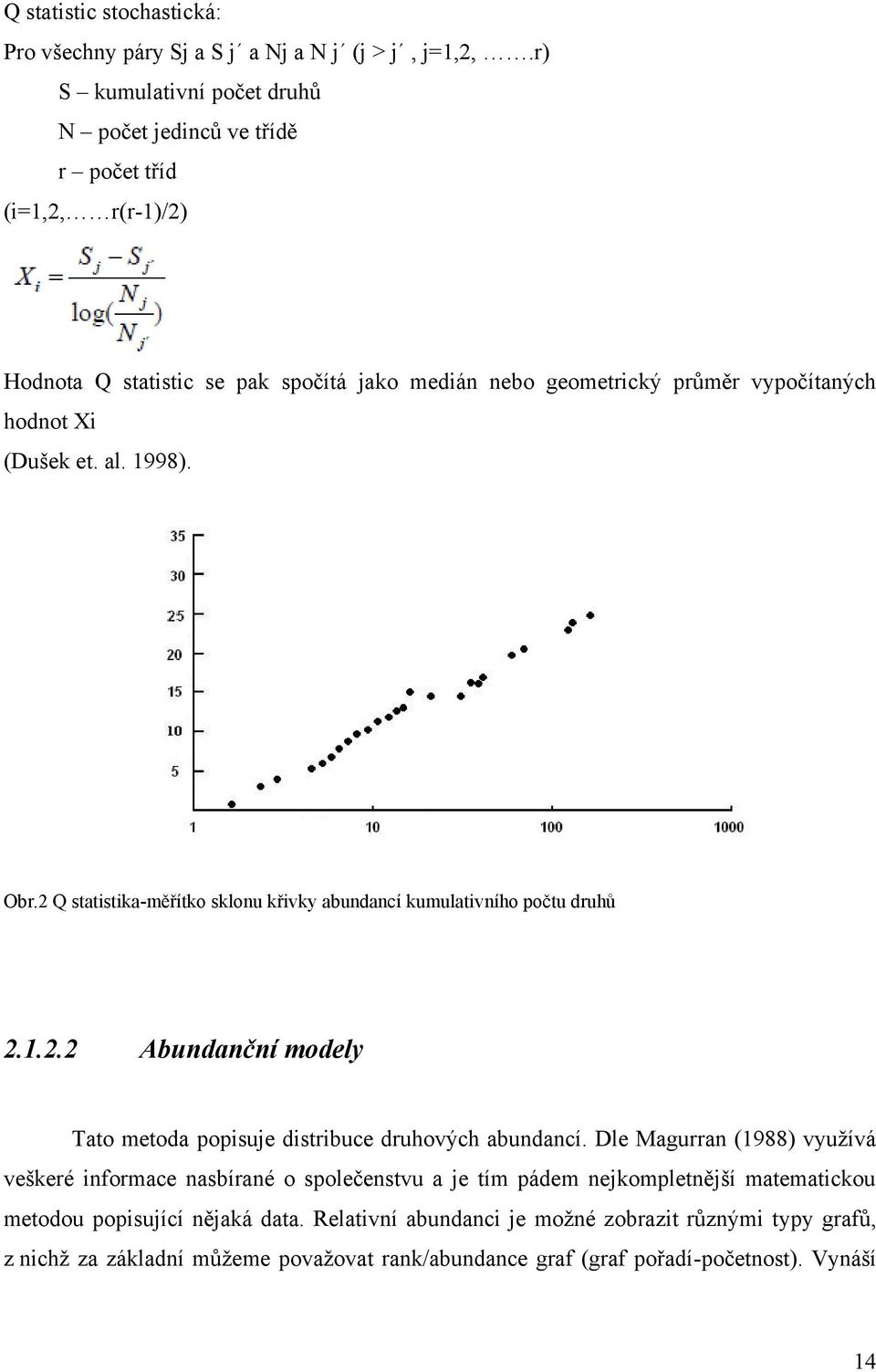 (Dušek et. al. 1998). Obr.2 Q statistika-měřítko sklonu křivky abundancí kumulativního počtu druhů 2.1.2.2 Abundanční modely Tato metoda popisuje distribuce druhových abundancí.