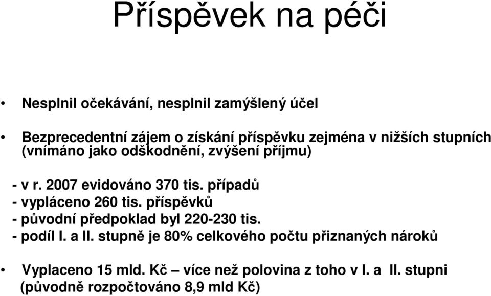 pípad - vypláceno 260 tis. píspvk - pvodní pedpoklad byl 220-230 tis. - podíl I. a II.