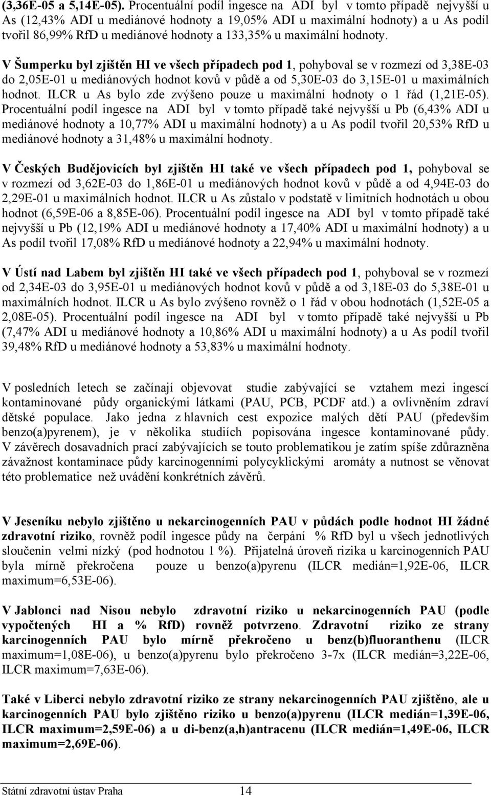 maximální hodnoty. V Šumperku byl zjištěn HI ve všech případech pod 1, pohyboval se v rozmezí od 3,38E-03 do 2,05E-01 u mediánových hodnot kovů v půdě a od 5,30E-03 do 3,15E-01 u maximálních hodnot.