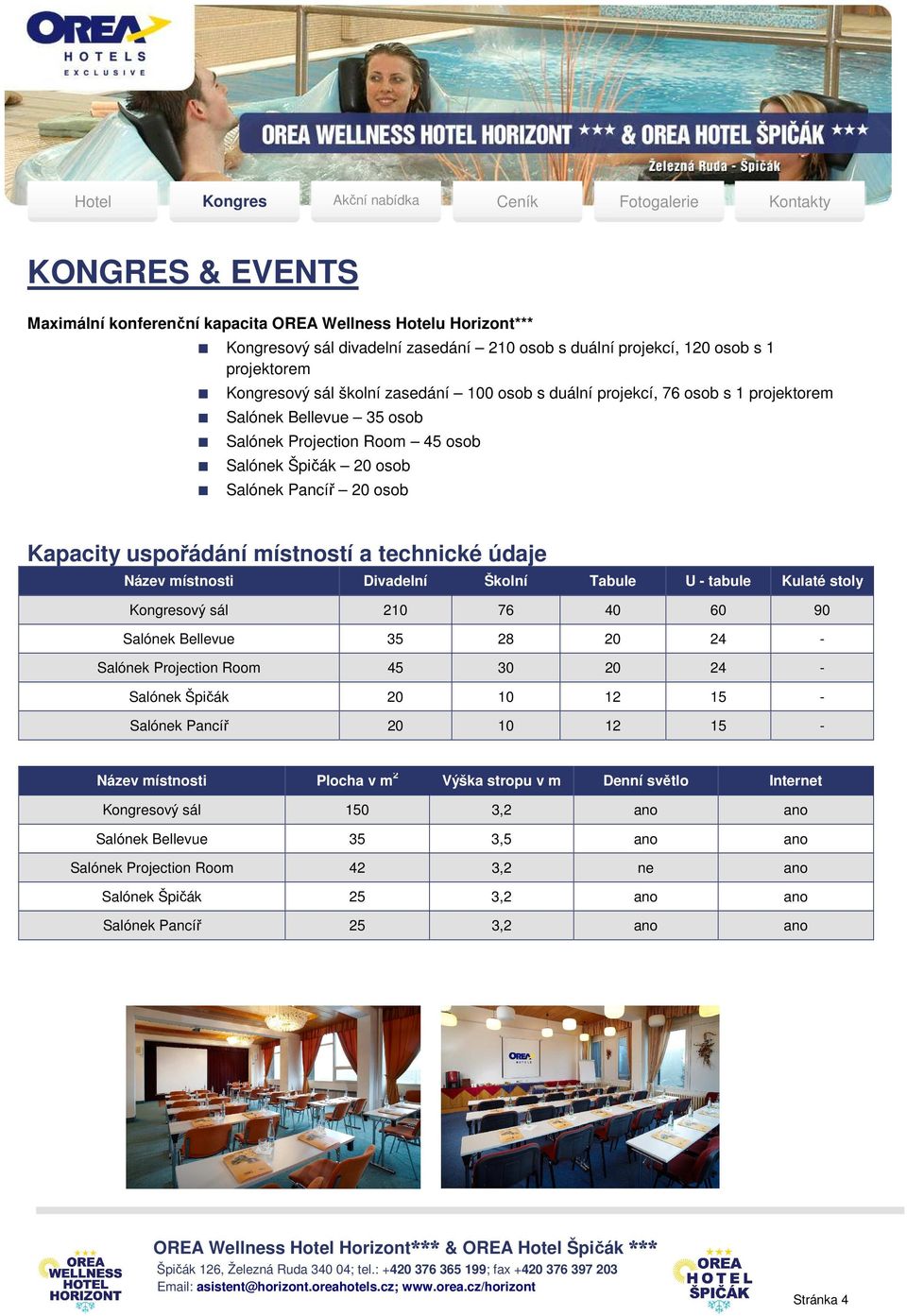 Pancíř 20 osob Kapacity uspořádání místností a technické údaje Název místnosti Divadelní Školní Tabule U - tabule Kulaté stoly Kongresový sál 210 76 40 60 90 Salónek Bellevue 35 28 20 24 - Salónek