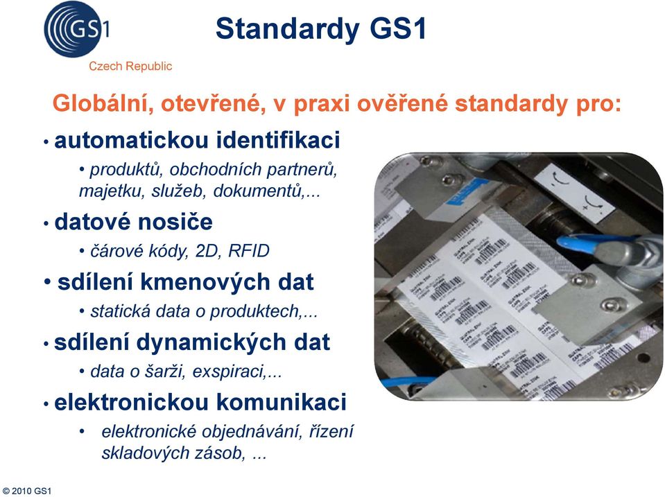 .. datové nosiče čárové kódy, 2D, RFID sdílení kmenových dat statická data o produktech,.