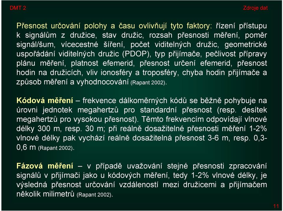 troposféry, chyba hodin přijímače a způsob měření a vyhodnocování (Rapant 2002).