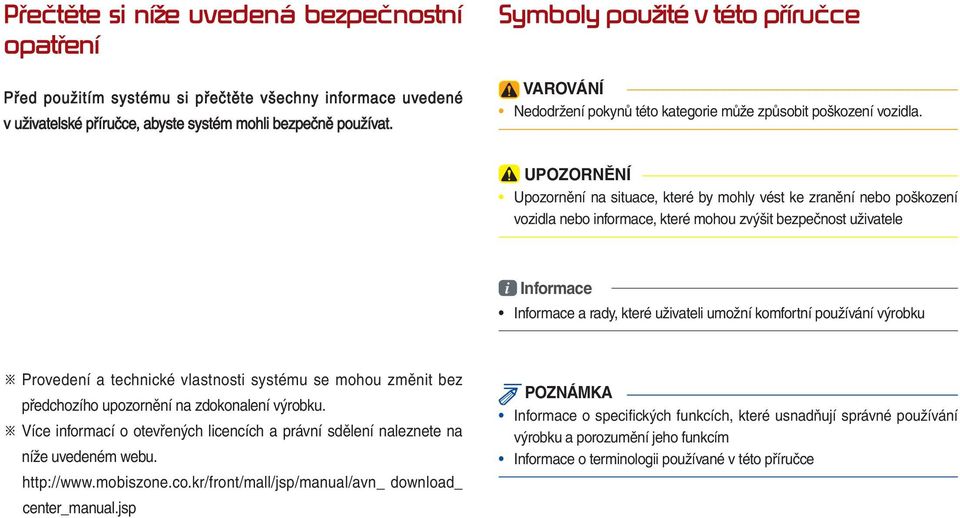 UPOZORNĚNÍ Upozornění na situace, které by mohly vést ke zranění nebo poškození vozidla nebo informace, které mohou zvýšit bezpečnost uživatele i Informace Informace a rady, které uživateli umožní