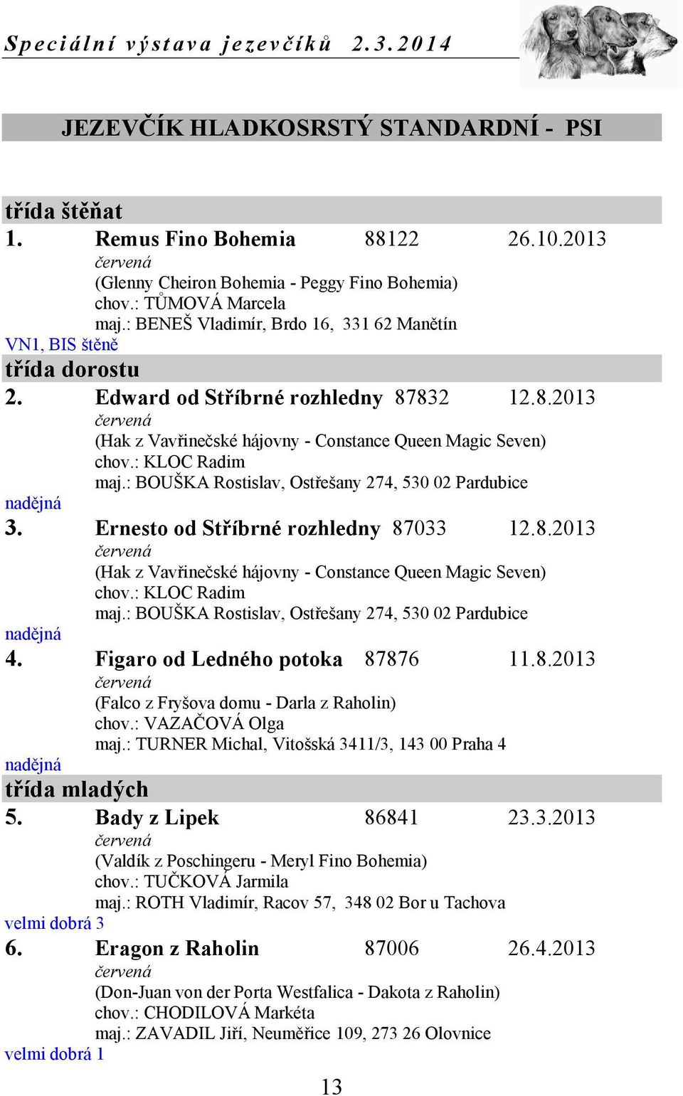 : BOUŠKA Rostislav, Ostřešany 274, 530 02 Pardubice nadějná 3. Ernesto od Stříbrné rozhledny 87033 12.8.2013 (Hak z Vavřinečské hájovny - Constance Queen Magic Seven) chov.: KLOC Radim maj.