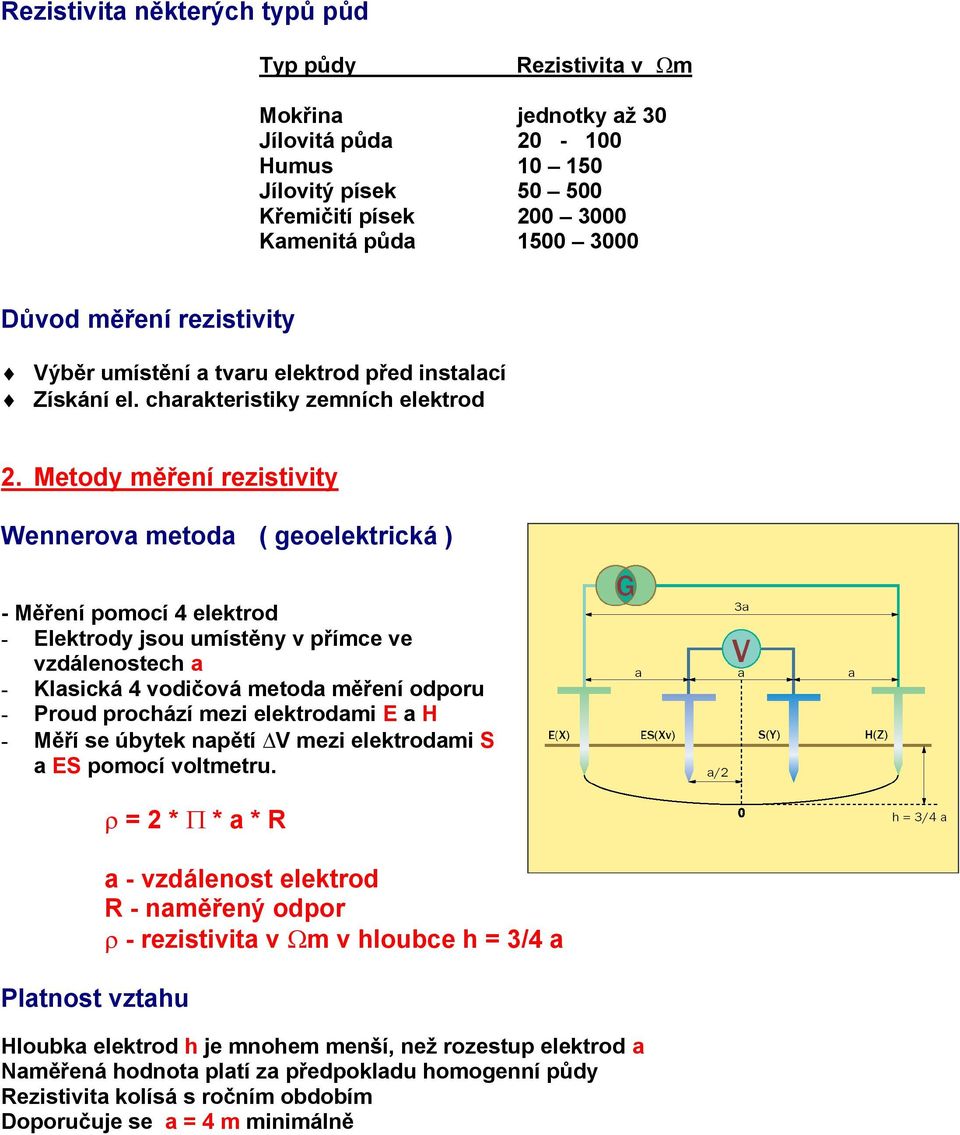 Metody měření rezistivity Wennerova metoda ( geoelektrická ) - Měření pomocí 4 elektrod - Elektrody jsou umístěny v přímce ve vzdálenostech a - Klasická 4 vodičová metoda měření odporu - Proud