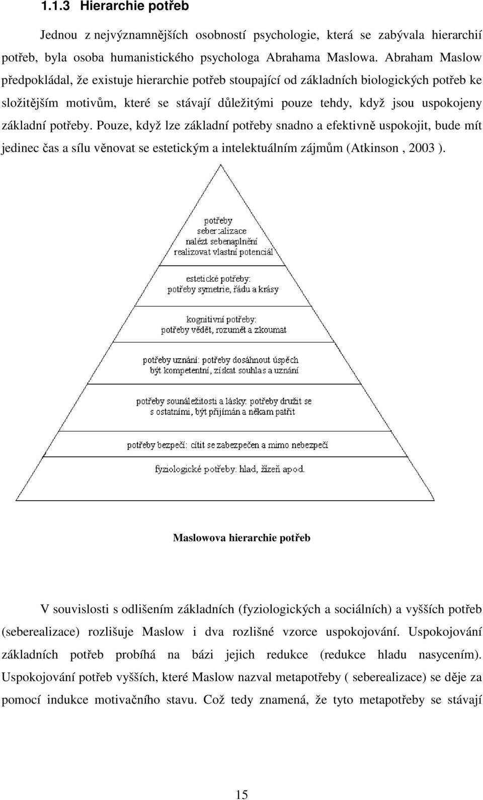 potřeby. Pouze, když lze základní potřeby snadno a efektivně uspokojit, bude mít jedinec čas a sílu věnovat se estetickým a intelektuálním zájmům (Atkinson, 2003 ).