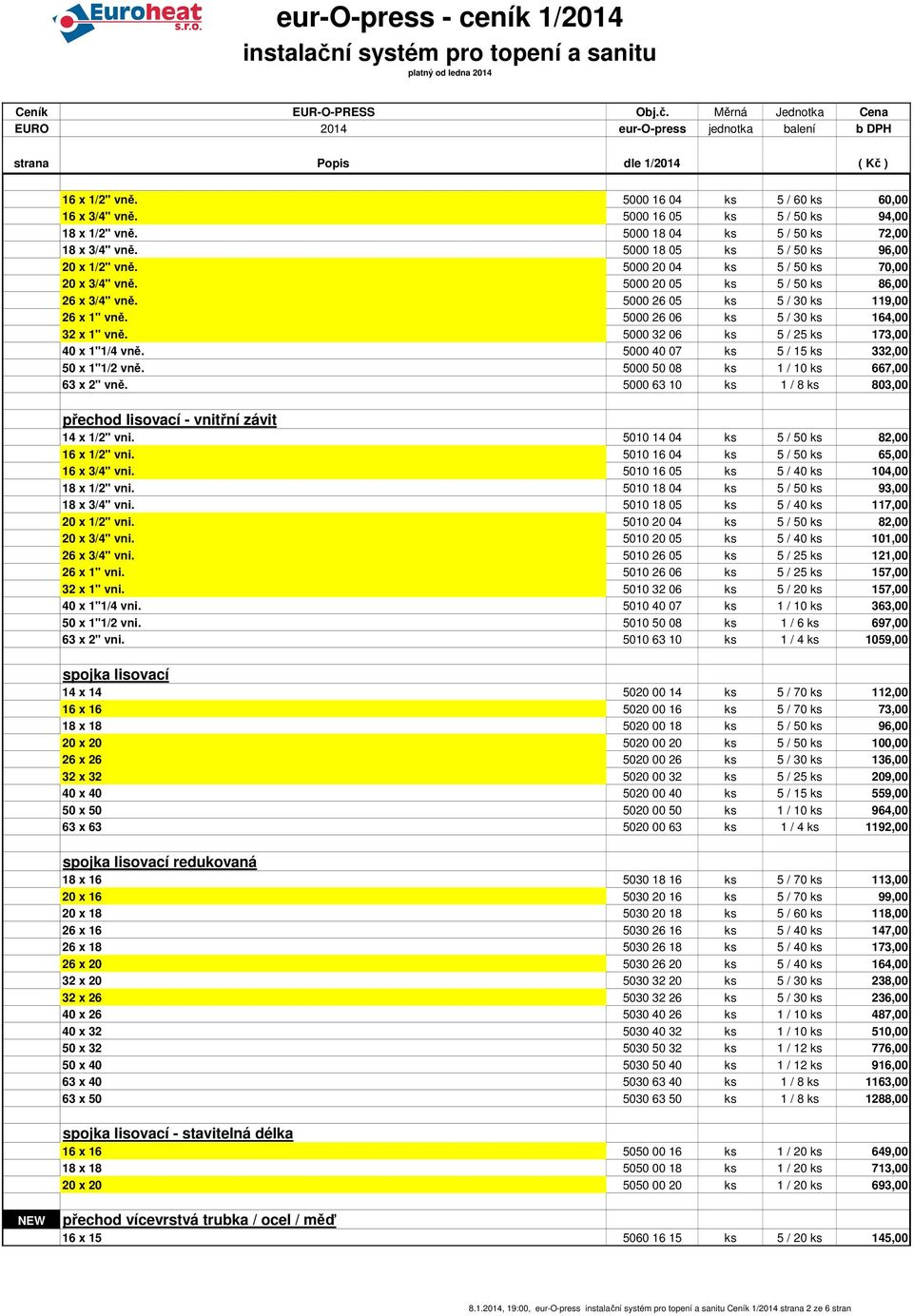 5000 32 06 ks 5 / 25 ks 173,00 40 x 1"1/4 vně. 5000 40 07 ks 5 / 15 ks 332,00 50 x 1"1/2 vně. 5000 50 08 ks 1 / 10 ks 667,00 63 x 2" vně.