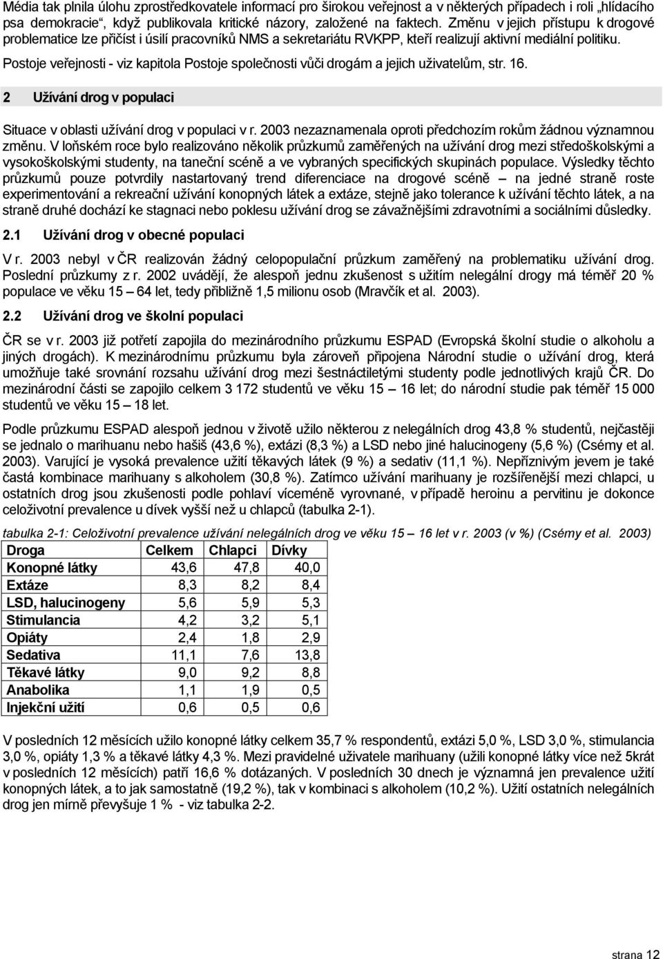 Postoje veřejnosti - viz kapitola Postoje společnosti vůči drogám a jejich uživatelům, str. 16. 2 Užívání drog v populaci Situace v oblasti užívání drog v populaci v r.