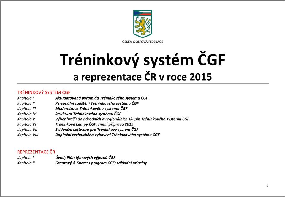 regionálních skupin Tréninkového systému ČGF Kapitola VI Tréninkové kempy ČGF; zimní příprava 2015 Kapitola VII Evidenční software pro Tréninkový systém ČGF Kapitola