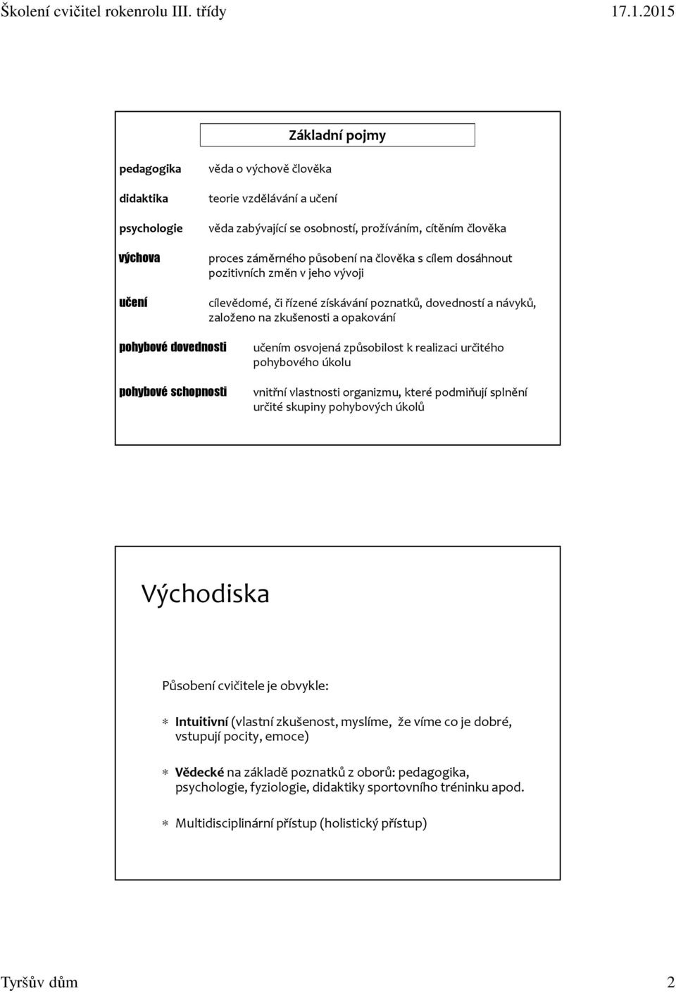 učením osvojená způsobilost k realizaci určitého pohybového úkolu vnitřní vlastnosti organizmu, které podmiňují splnění určité skupiny pohybových úkolů Východiska Působení cvičitele je obvykle: