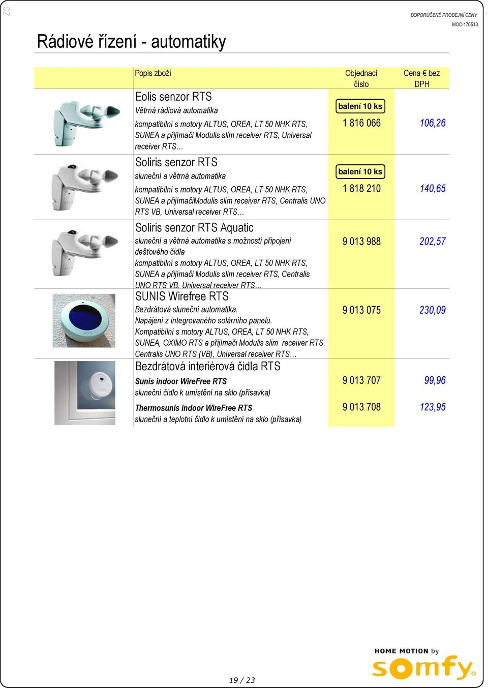 motory ALTUS, OREA, LT 50 NHK RTS, SUNEA a přijímači Modulis slim receiver RTS, Centralis UNO RTS VB, Universal receiver RTS 9 013 988 202,57 Bezdrátová sluneční automatika.