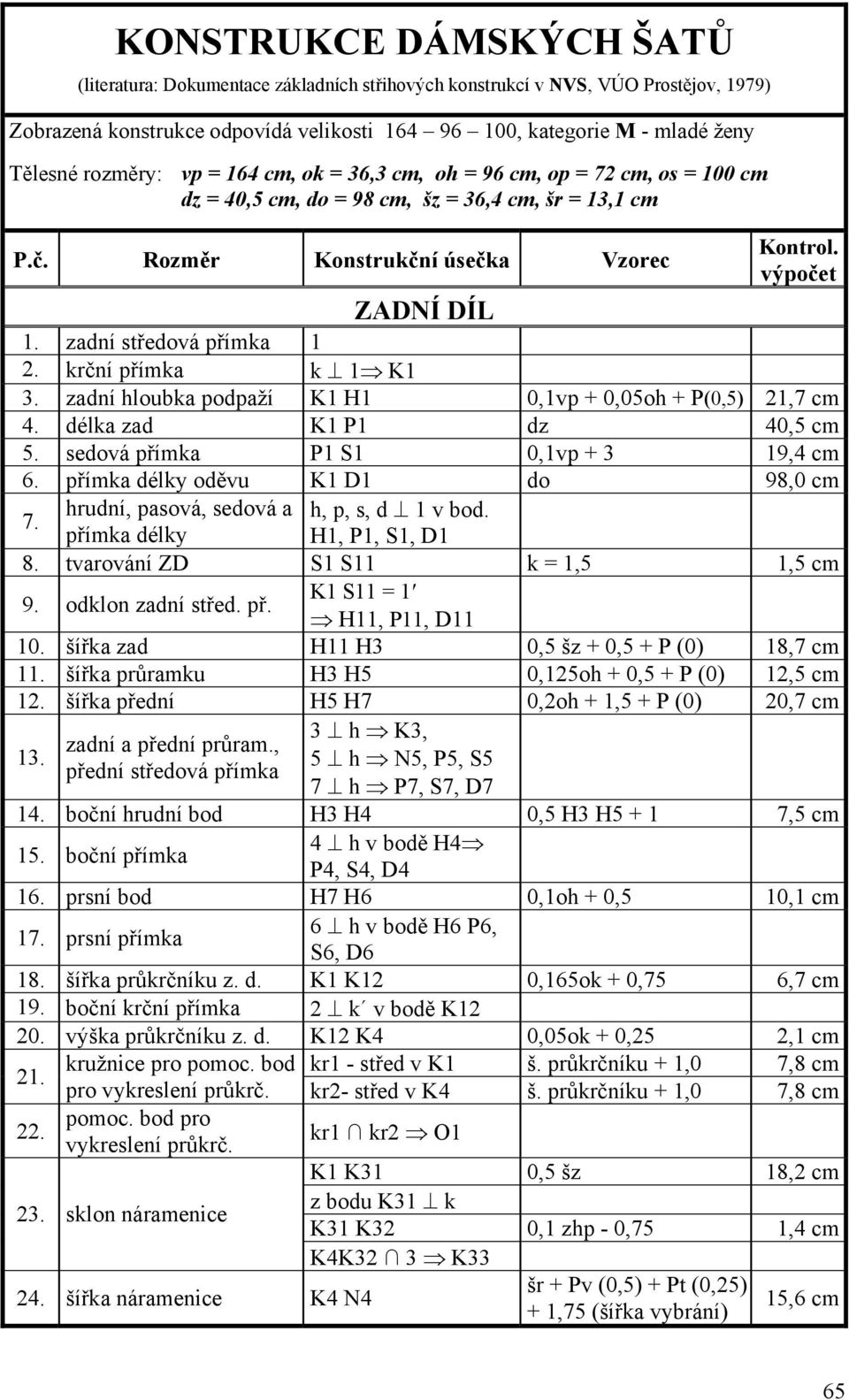 zadní středová přímka 1 2. krční přímka k 1 K1 3. zadní hloubka podpaží K1 H1 0,1vp + 0,05oh + P(0,5) 21,7 cm 4. délka zad K1 P1 dz 40,5 cm 5. sedová přímka P1 S1 0,1vp + 3 19,4 cm 6.