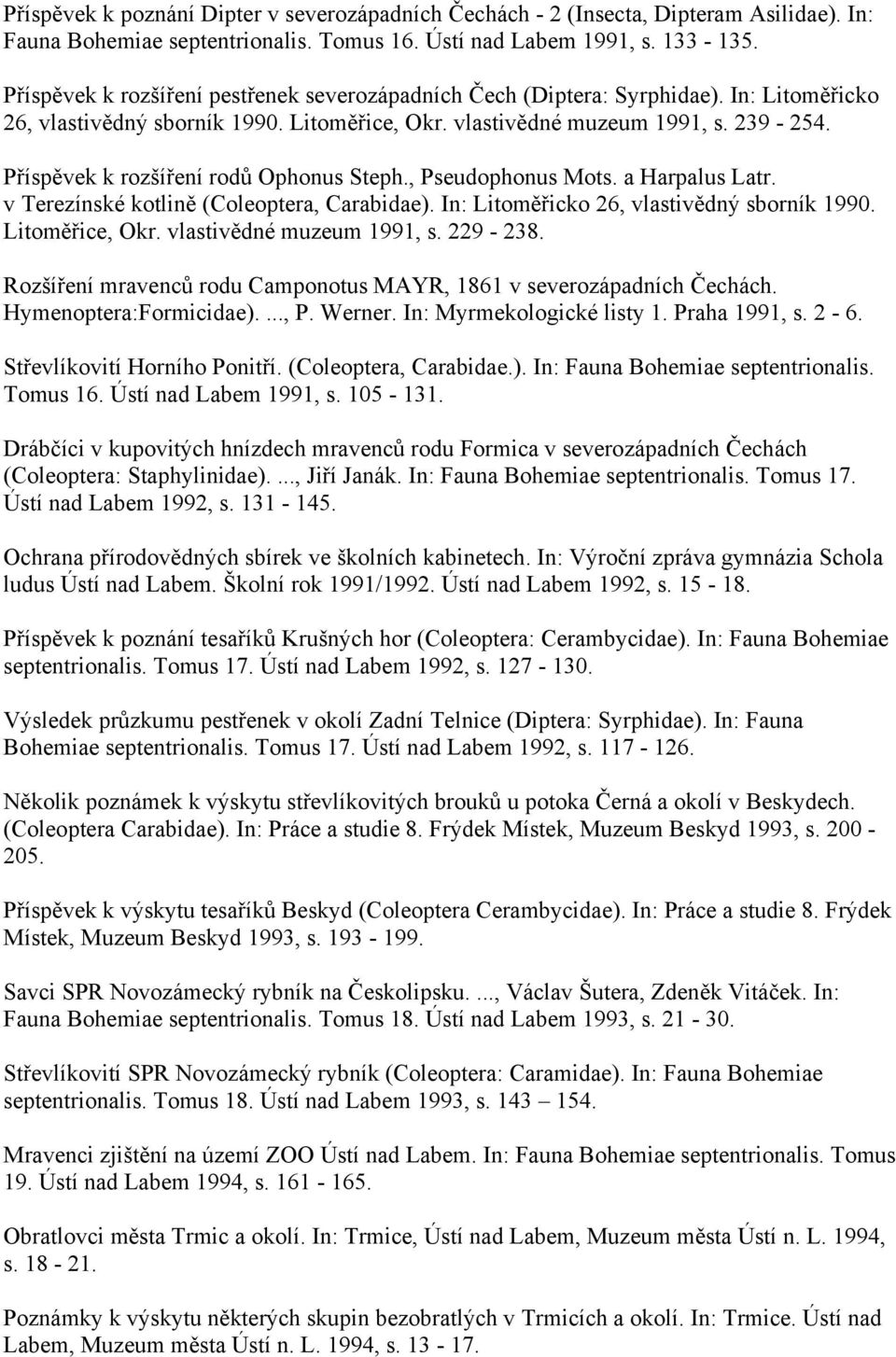 Příspěvek k rozšíření rodů Ophonus Steph., Pseudophonus Mots. a Harpalus Latr. v Terezínské kotlině (Coleoptera, Carabidae). In: Litoměřicko 26, vlastivědný sborník 1990. Litoměřice, Okr.