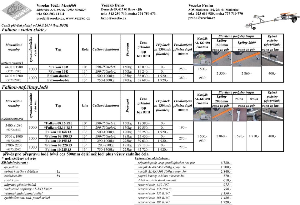 150kg 19 240,- 0,- Falkon-double 13" 500-1000kg 235kg 36 030,- 1 920,- Falkon-double 13" 750-1300kg 240kg 38 680,- 1 920,- Cena zakladní typ bez DPH Cena zakladní typ bez DPH za 130km/h (tlumiče)
