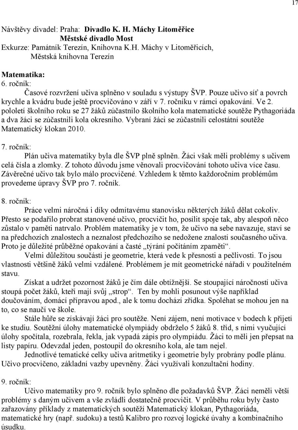 pololetí školního roku se 27 žáků zúčastnilo školního kola matematické soutěže Pythagoriáda a dva žáci se zúčastnili kola okresního.