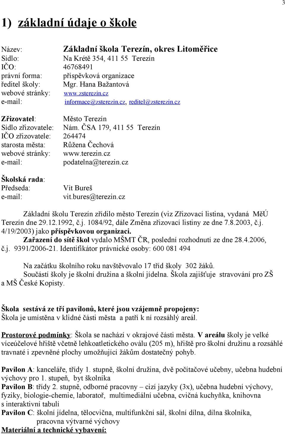 ČSA 179, 411 55 Terezín IČO zřizovatele: 264474 starosta města: Růžena Čechová webové stránky: www.terezin.cz e-mail: podatelna@terezin.cz Školská rada: Předseda: e-mail: Vít Bureš vit.bures@terezin.