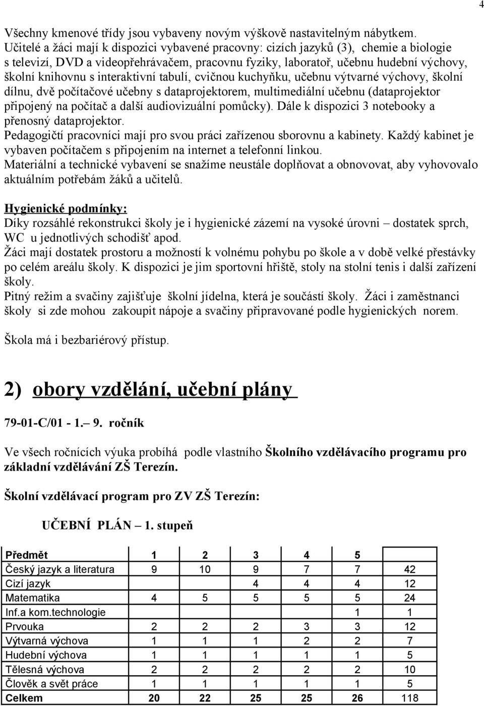 interaktivní tabulí, cvičnou kuchyňku, učebnu výtvarné výchovy, školní dílnu, dvě počítačové učebny s dataprojektorem, multimediální učebnu (dataprojektor připojený na počítač a další audiovizuální