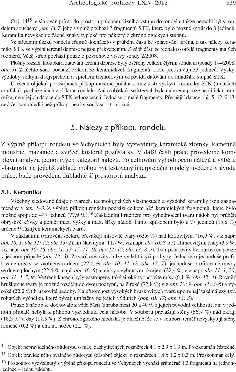 Ve středním úseku rondelu zřejmě docházelo v průběhu času ke splavování terénu, a tak nálezy keramiky STK ve výplni terénní deprese nejsou překvapením.