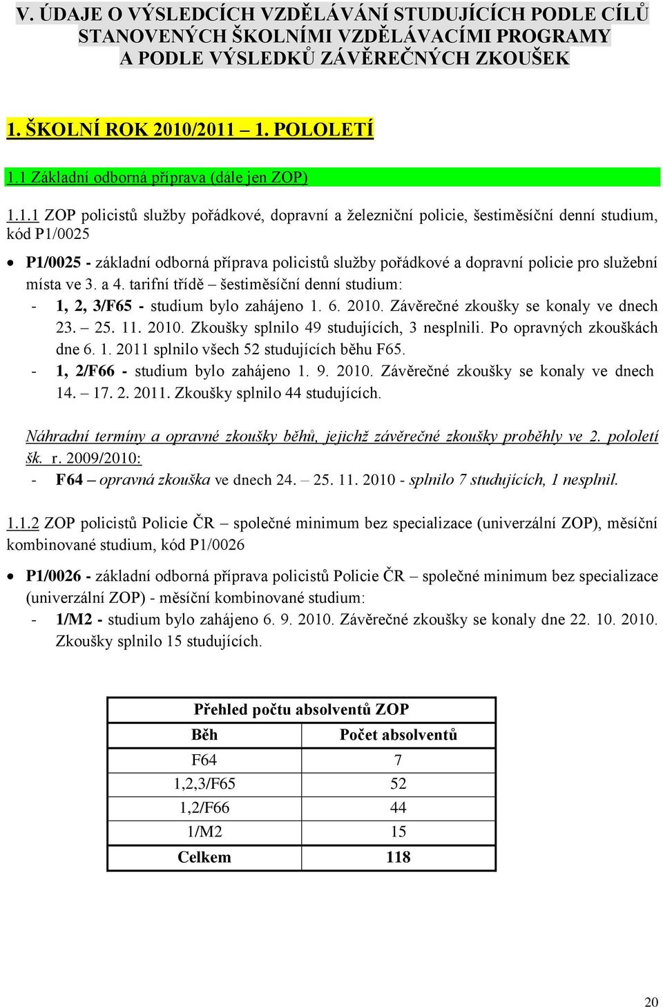 sluţby pořádkové a dopravní policie pro sluţební místa ve 3. a 4. tarifní třídě šestiměsíční denní studium: - 1, 2, 3/F65 - studium bylo zahájeno 1. 6. 2010. Závěrečné zkoušky se konaly ve dnech 23.