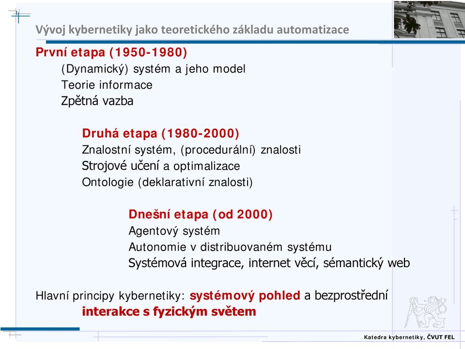 Ontologie (deklarativní znalosti) Dnešní etapa (od 2000) Agentový systém Autonomie v distribuovaném systému Systémová