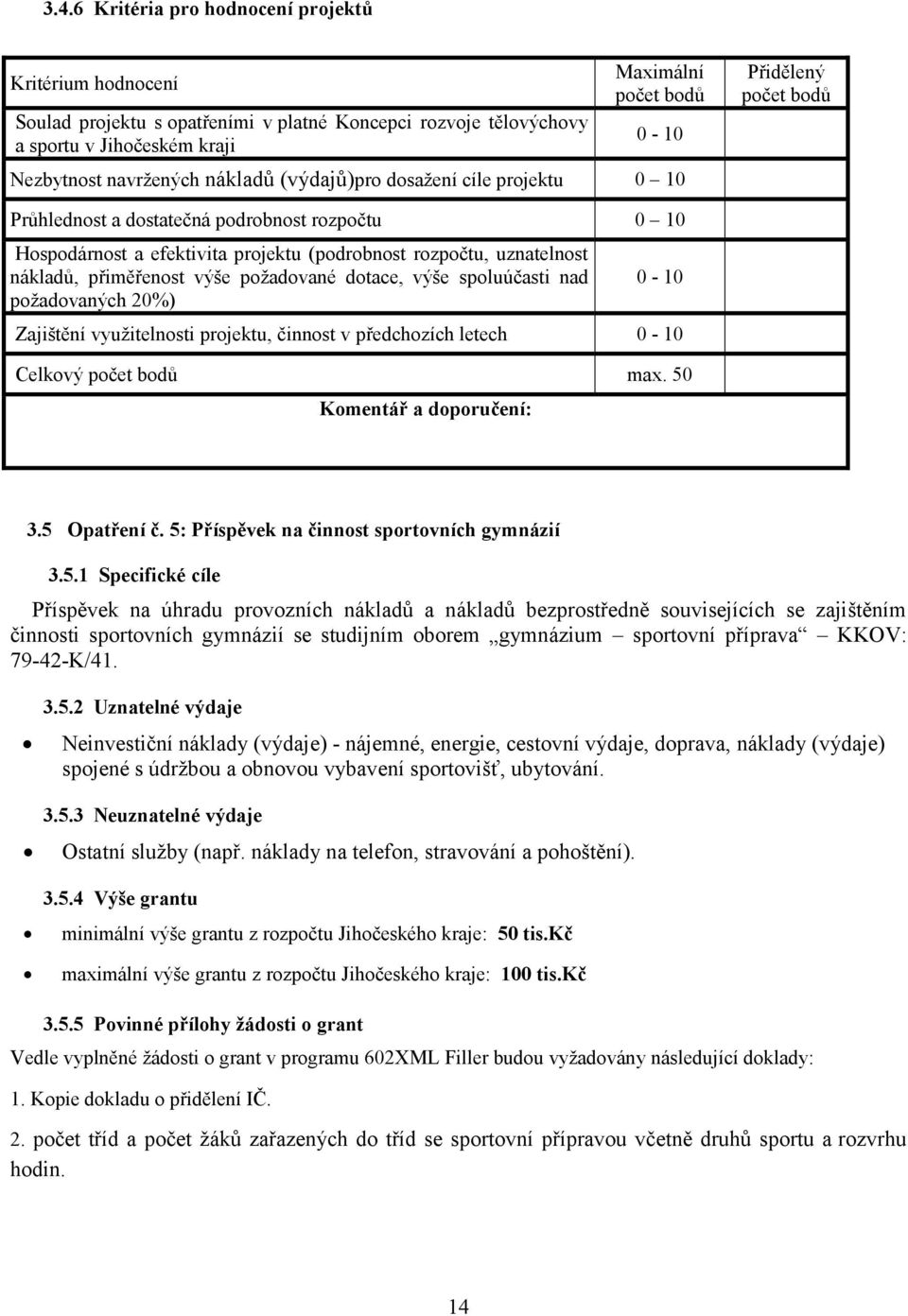 požadované dotace, výše spoluúčasti nad požadovaných 20%) Zajištění využitelnosti projektu, činnost v předchozích letech Celkový max. 50 Komentář a doporučení: 3.5 Opatření č.