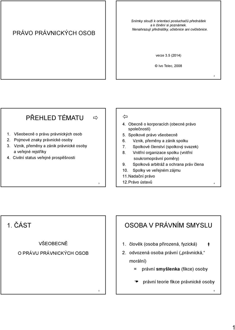 Obecně o korporacích (obecné právo společností) 5. Spolkové právo všeobecně 6. Vznik, přeměny a zánik spolku 7. Spolkové členství (spolkový svazek) 8.