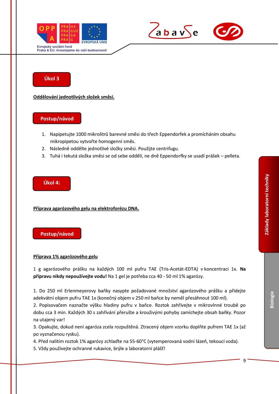 Úkol 4: Příprava agarózového gelu na elektroforézu DNA. Postup/návod Příprava 1% agarózového gelu 1 g agarózového prášku na každých 100 ml pufru TAE (Tris-Acetát-EDTA) v koncentraci 1x.