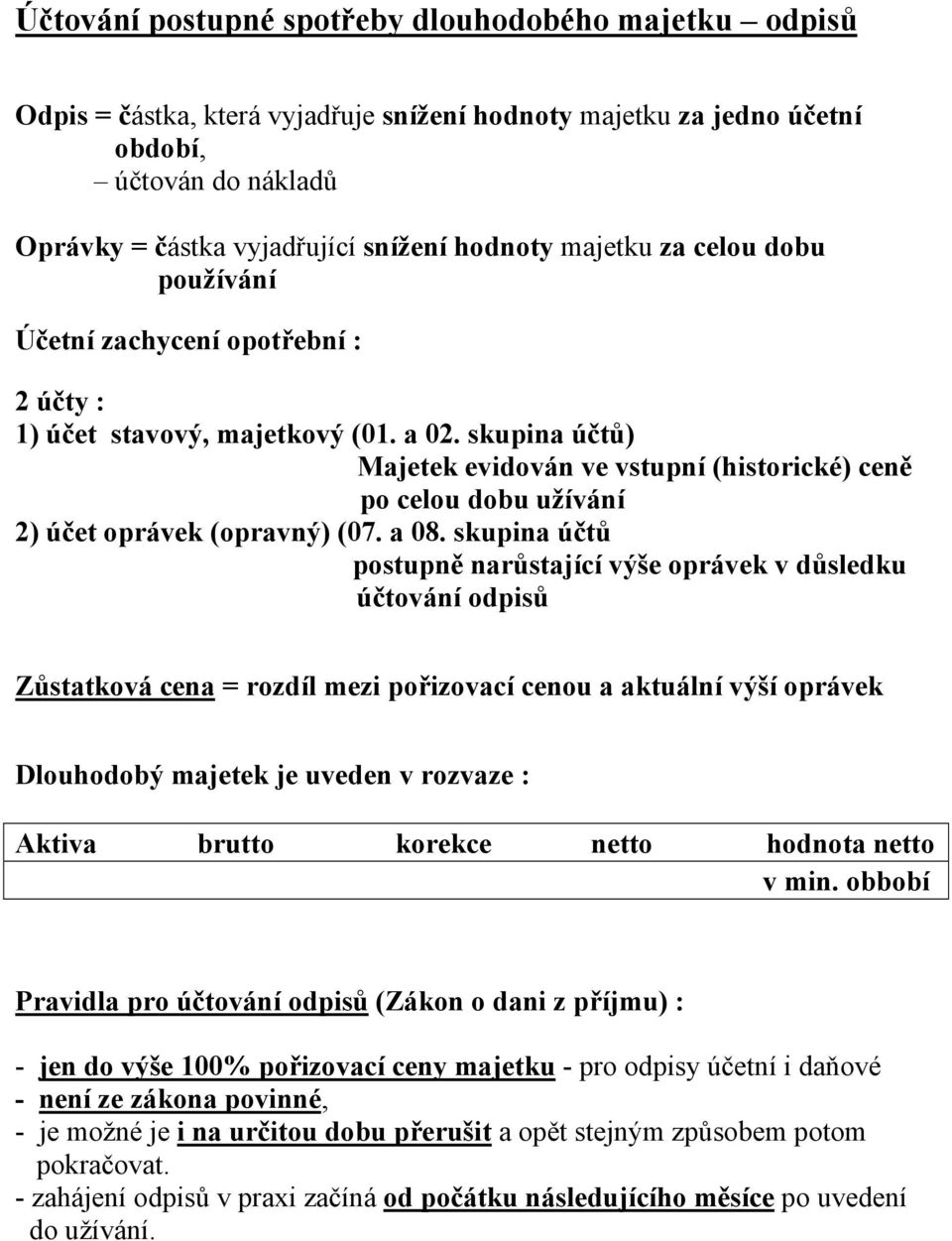 skupina účtů) Majetek evidován ve vstupní (historické) ceně po celou dobu užívání 2) účet oprávek (opravný) (07. a 08.