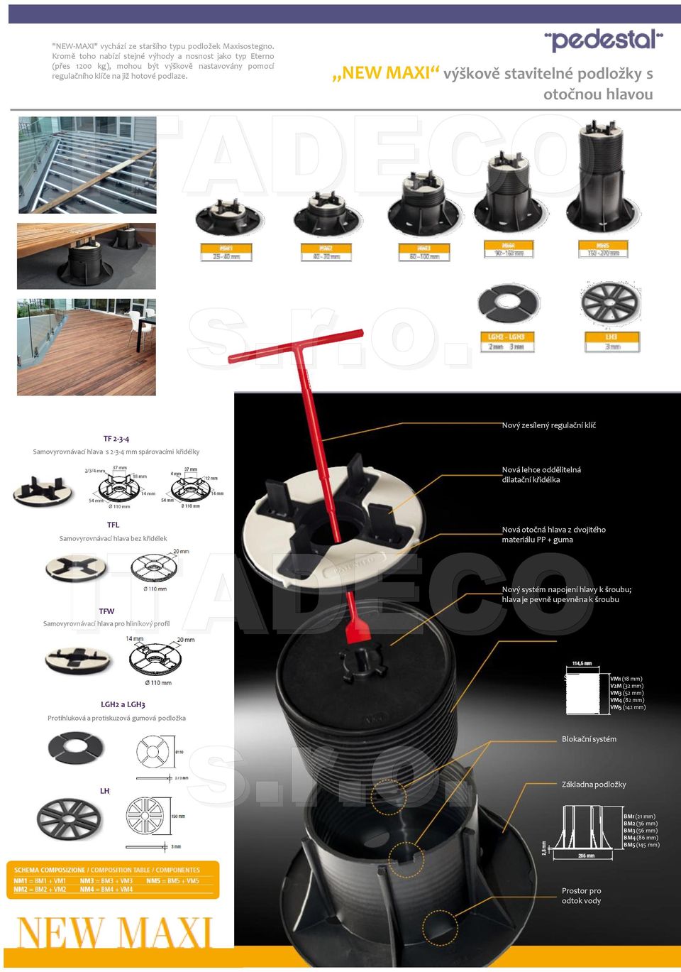 NEW MAXI výškově stavitelné podložky s otočnou hlavou TF 2-3-4 Samovyrovnávací hlava s 2-3-4 mm spárovacími křidélky Nový zesílený regulační klíč Nová lehce oddělitelná dilatační křidélka TFL