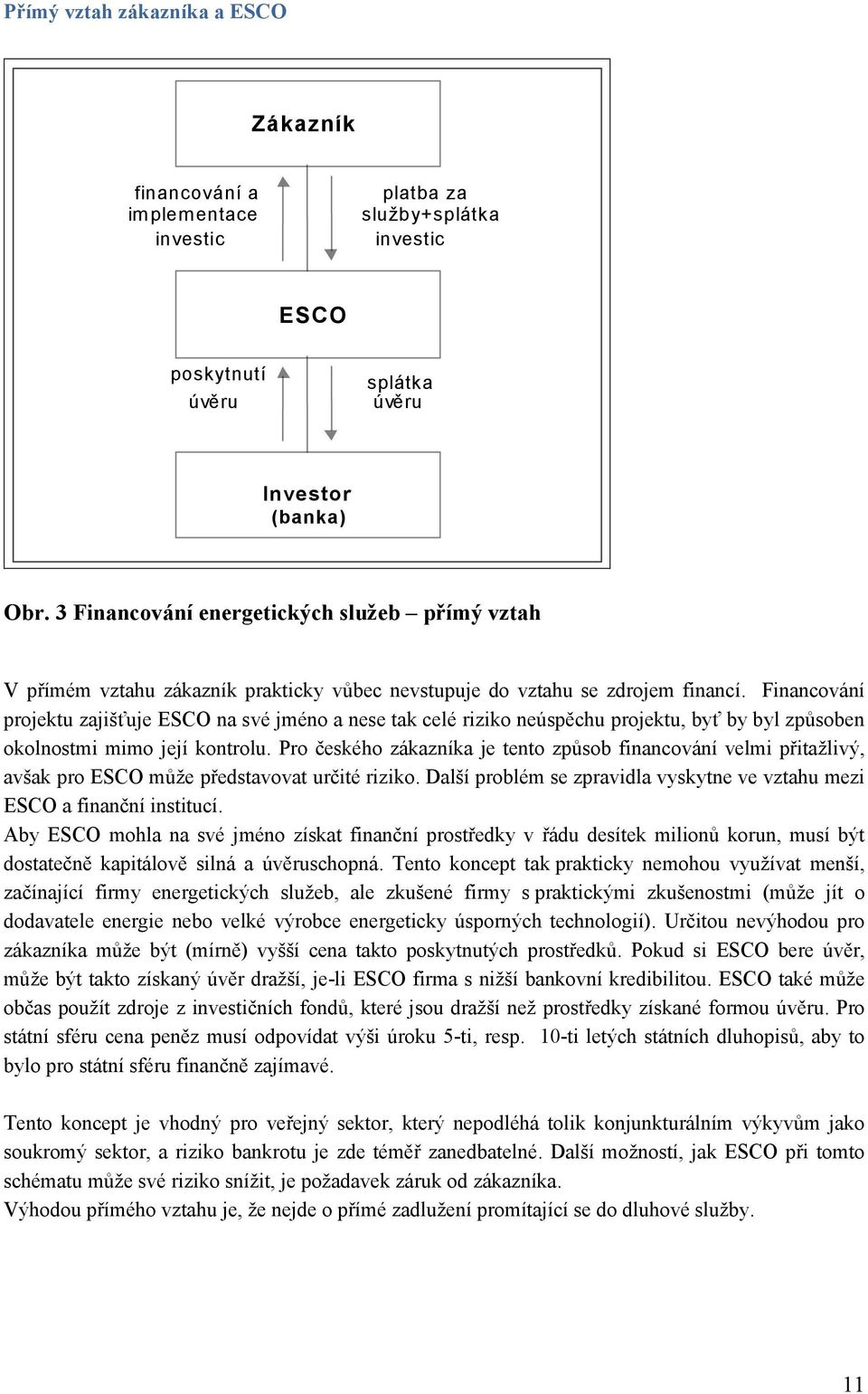 Financování projektu zajišťuje ESCO na své jméno a nese tak celé riziko neúspěchu projektu, byť by byl způsoben okolnostmi mimo její kontrolu.