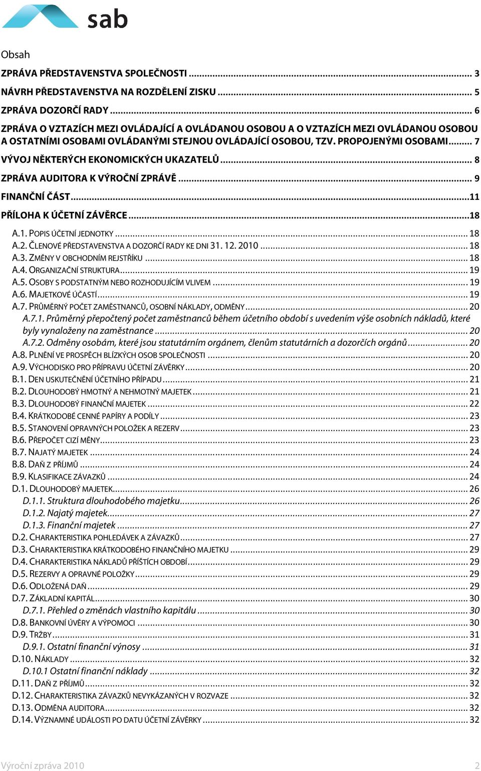 .. 7 VÝVOJ NĚKTERÝCH EKONOMICKÝCH UKAZATELŮ... 8 ZPRÁVA AUDITORA K VÝROČNÍ ZPRÁVĚ... 9 FINANČNÍ ČÁST...11 PŘÍLOHA K ÚČETNÍ ZÁVĚRCE...18 A.1. POPIS ÚČETNÍ JEDNOTKY... 18 A.2.