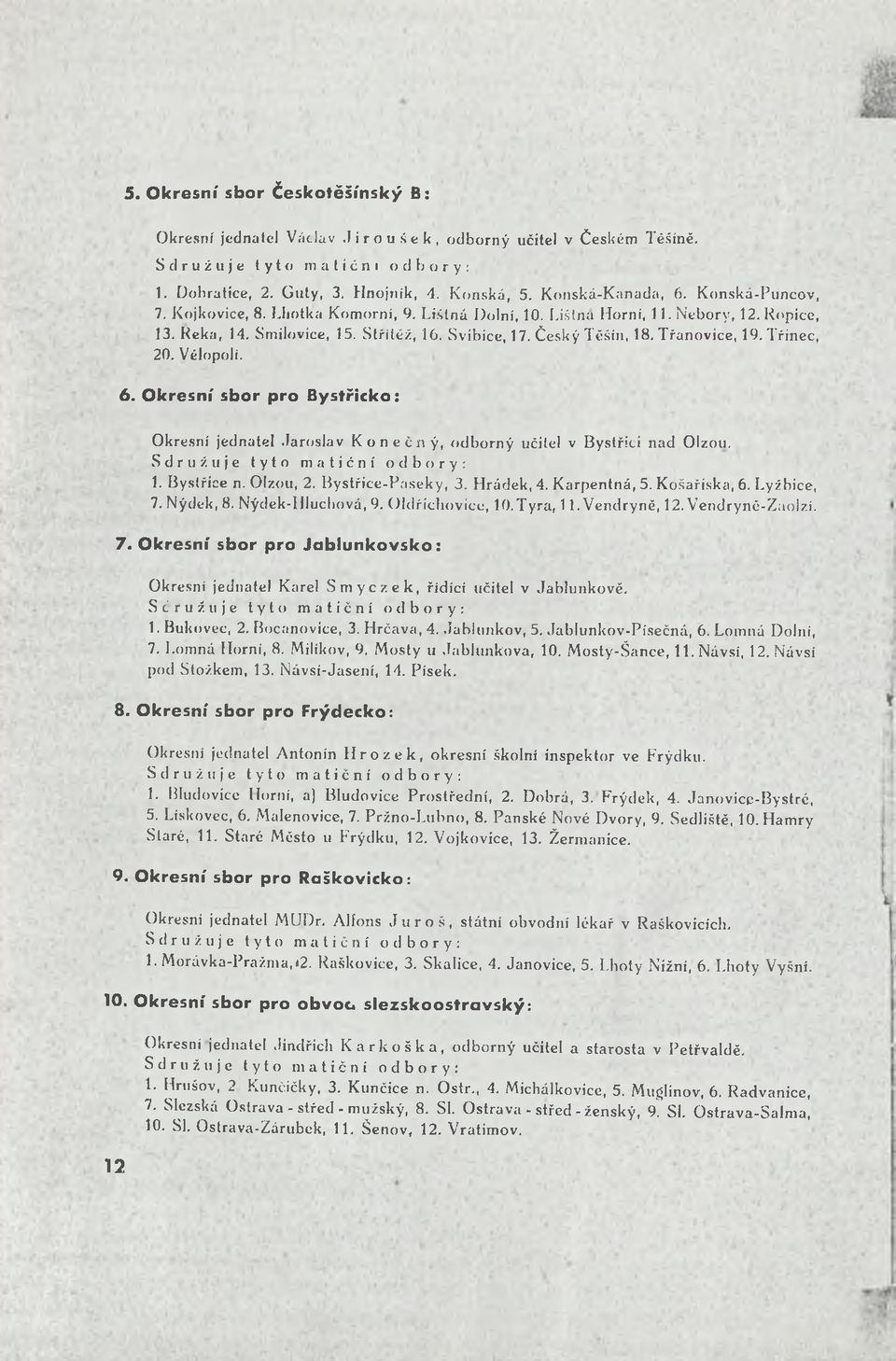 Třinec, 20. Vélopolí. 6. O kresní sbor pro Bystřičko: Okresní jednatel Jaroslav K o n e č n ý, odborný učitel v Bystřicí nad Olzou. Sdružuje tyto matiční odbory: 1. Bystřice n. Olzou, 2.