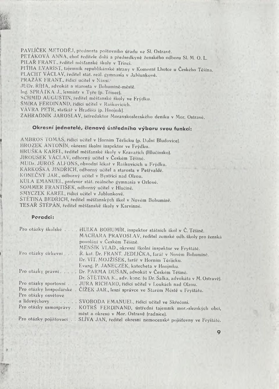 ŘÍHA, advokát a starosta v Bohumíně-městě. Ing*. SPRÁ TK A J., Iesmistr v Tyře (p. Třinec). SCHM ID AUGUSTIN, ředitel měšťanské školy ve Frýdku. SMÍR A FERDINAND, řídící učitel v Raškovicích.