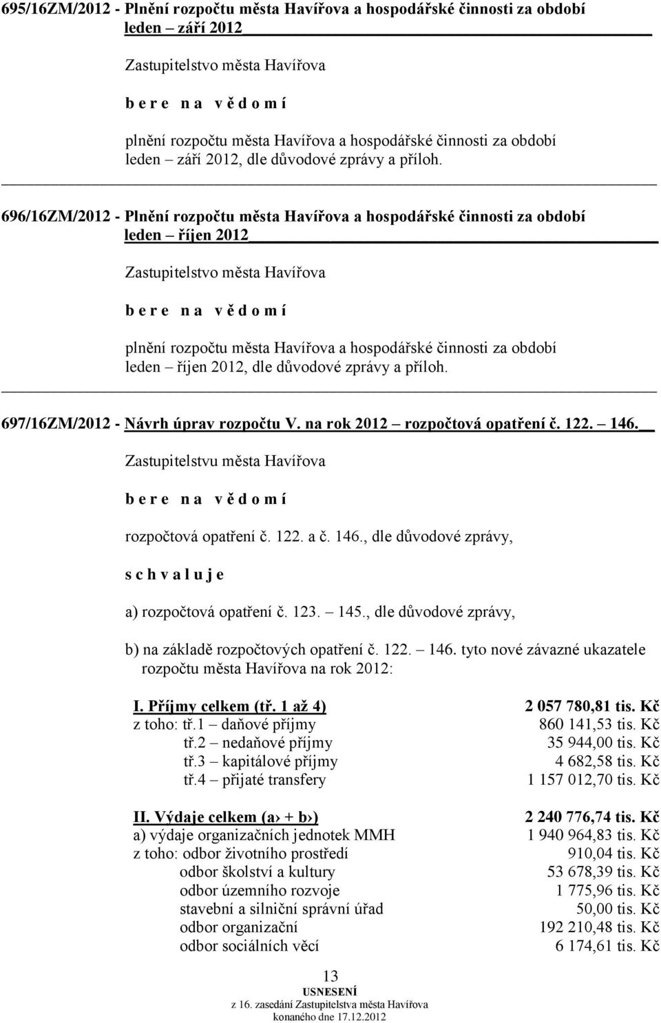 696/16ZM/2012 - Plnění rozpočtu města Havířova a hospodářské činnosti za období leden říjen 2012 b e r e n a v ě d o m í plnění rozpočtu města Havířova a hospodářské činnosti za období leden říjen 