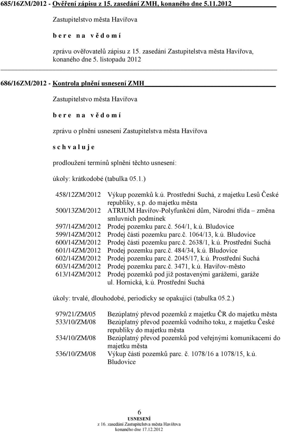 krátkodobé (tabulka 05.1.) 458/12ZM/2012 Výkup pozemků k.ú. Prostřední Suchá, z majetku Lesů České republiky, s.p. do majetku města 500/13ZM/2012 ATRIUM Havířov-Polyfunkční dům, Národní třída změna smluvních podmínek 597/14ZM/2012 Prodej pozemku parc.