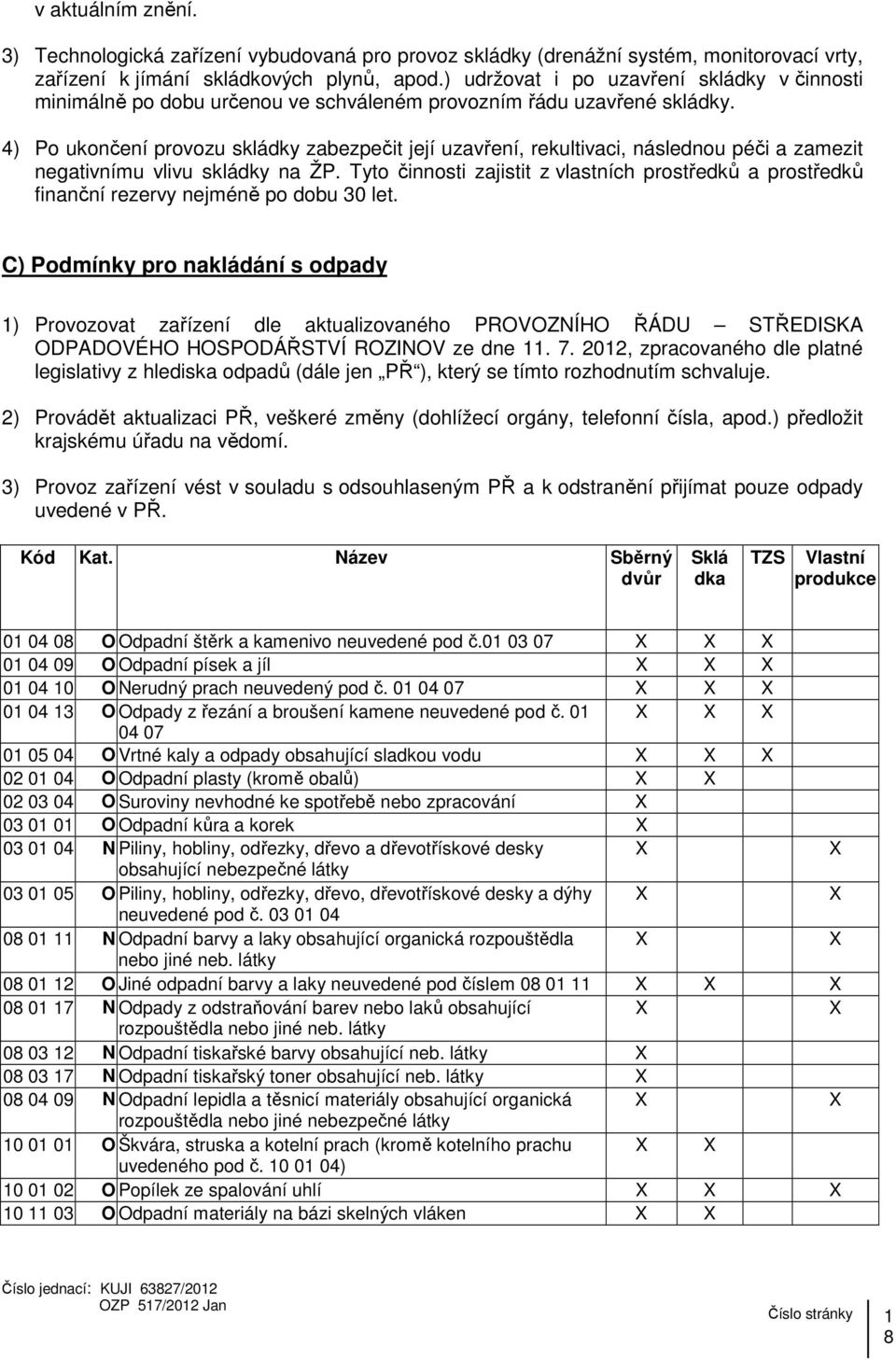 4) Po ukončení provozu skládky zabezpečit její uzavření, rekultivaci, následnou péči a zamezit negativnímu vlivu skládky na ŽP.