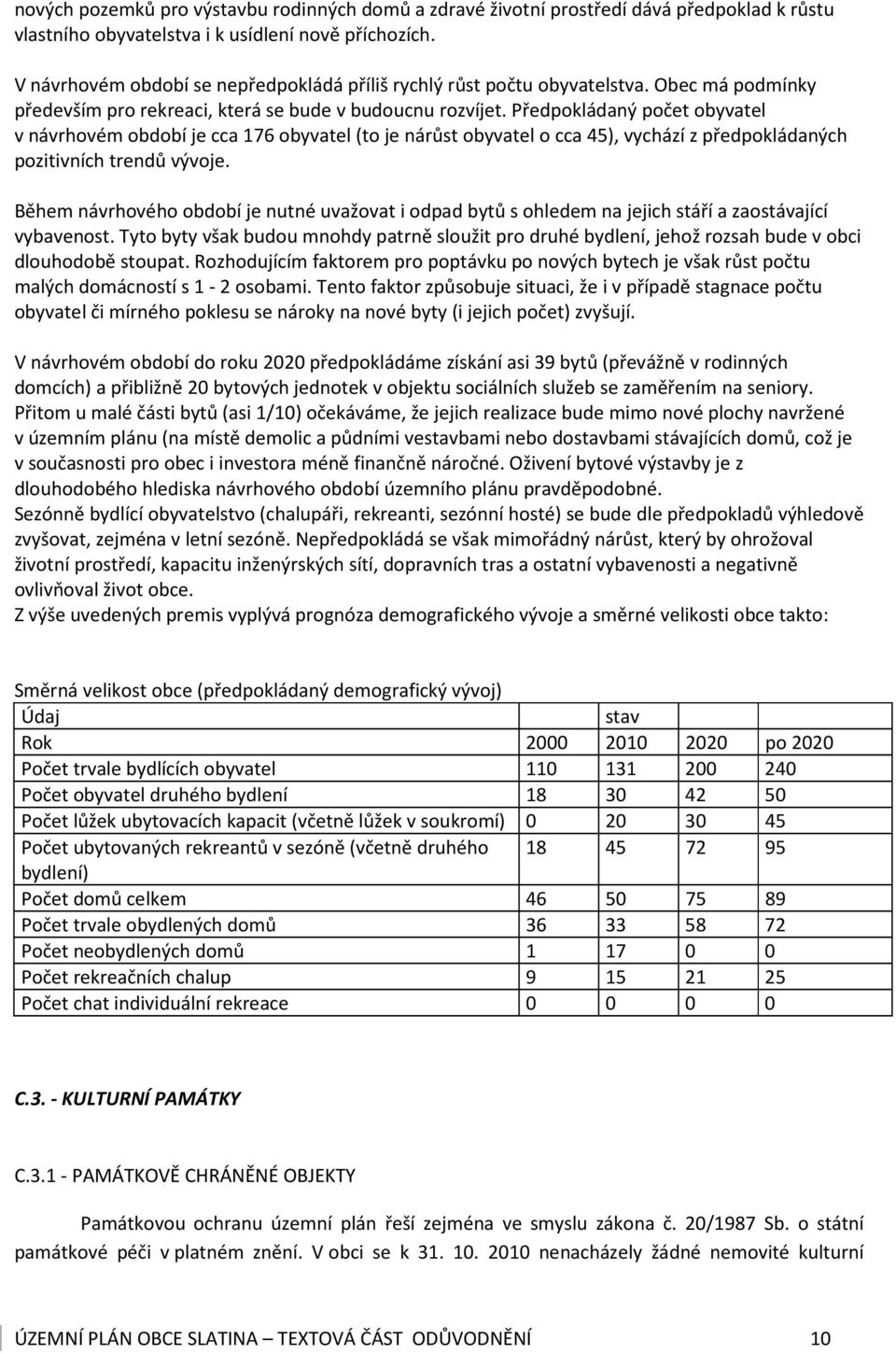 Předpokládaný počet obyvatel v návrhovém období je cca 176 obyvatel (to je nárůst obyvatel o cca 4), vychází z předpokládaných pozitivních trendů vývoje.