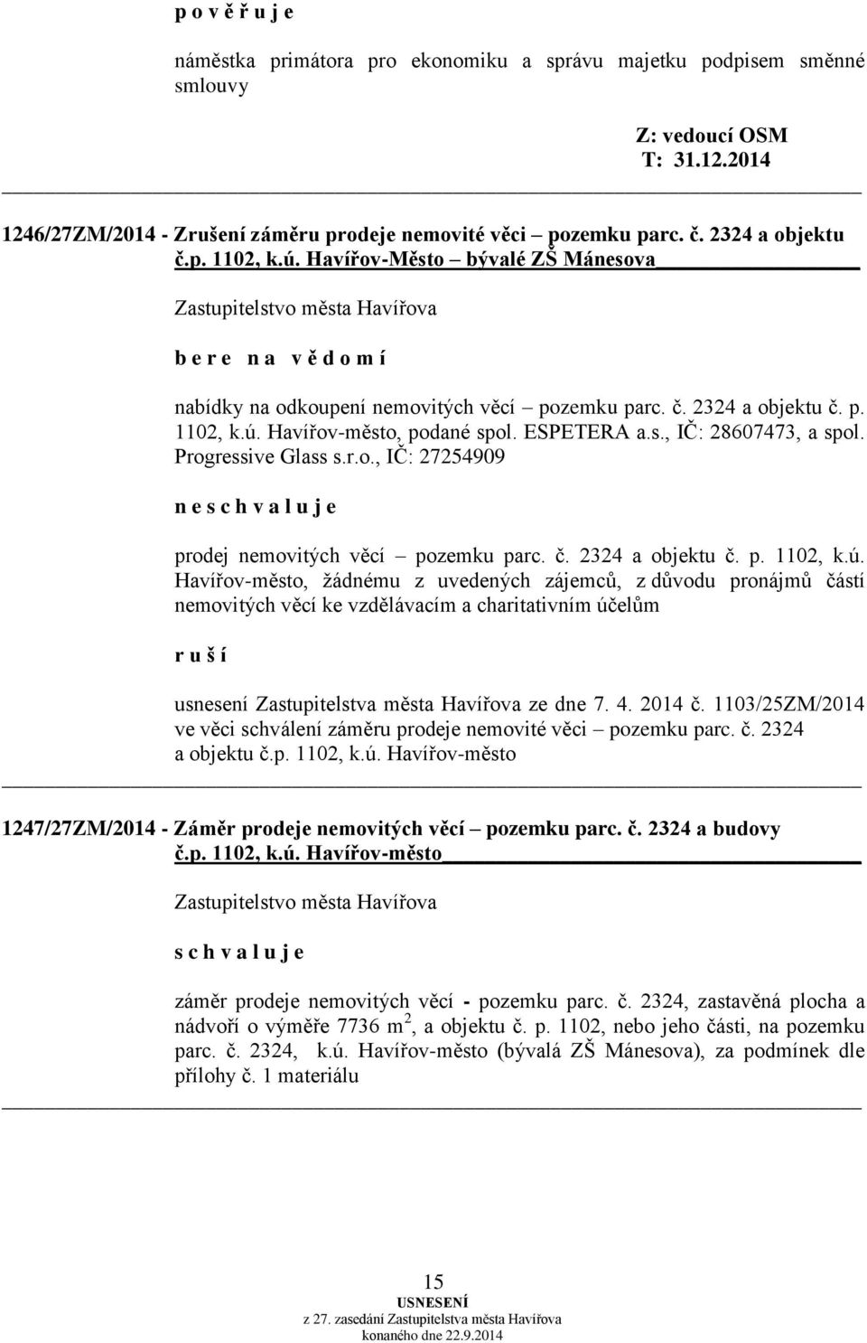 ESPETERA a.s., IČ: 28607473, a spol. Progressive Glass s.r.o., IČ: 27254909 n e prodej nemovitých věcí pozemku parc. č. 2324 a objektu č. p. 1102, k.ú.