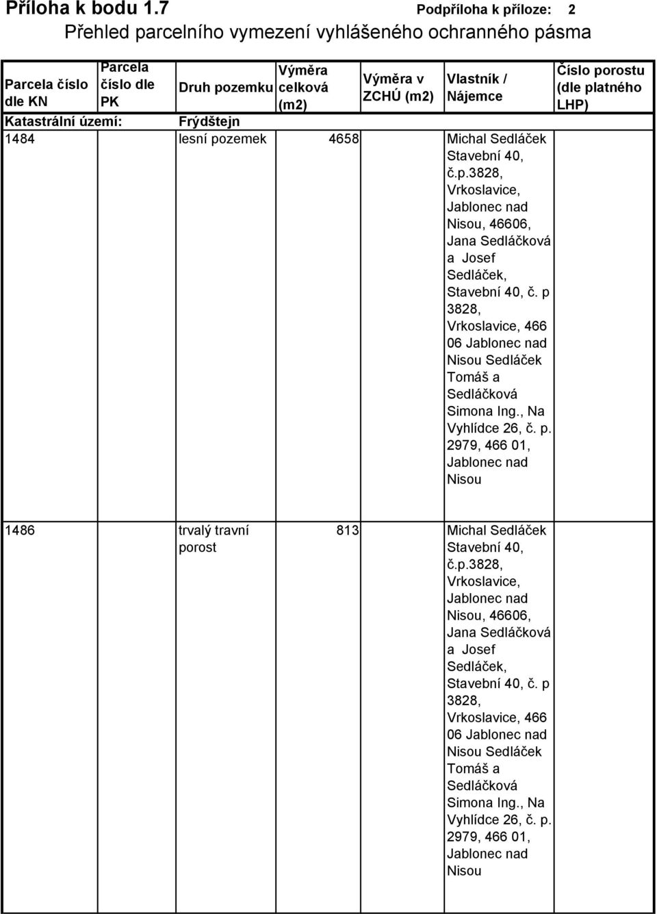 Katastrální území: Frýdštejn 1484 lesní pozemek 4658 Michal Sedláček Stavební 40, č.p.3828, Vrkoslavice, Jablonec nad Nisou, 46606, Jana Sedláčková a Josef Sedláček, Stavební 40, č.