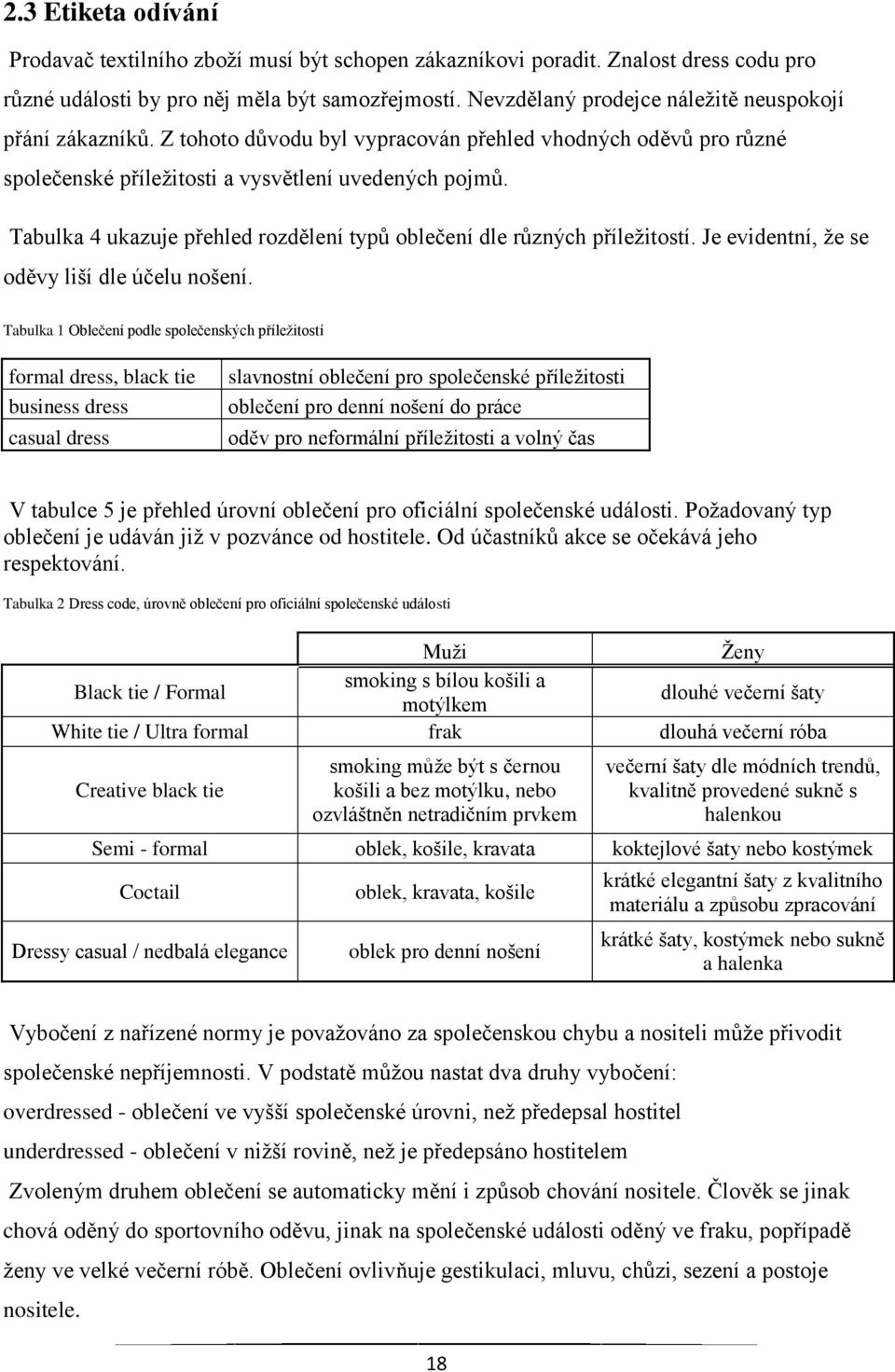 Tabulka 4 ukazuje přehled rozdělení typů oblečení dle různých příležitostí. Je evidentní, že se oděvy liší dle účelu nošení.