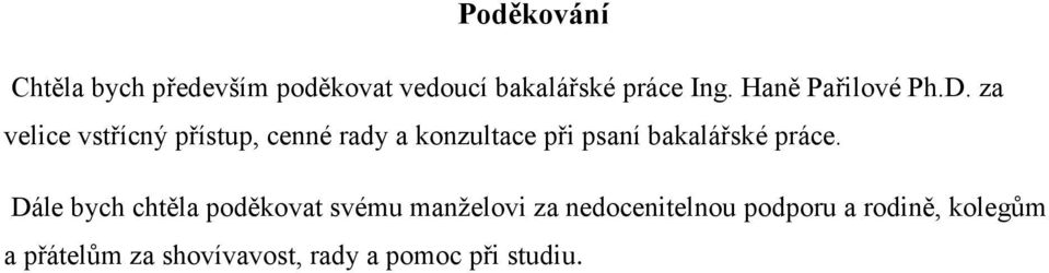 za velice vstřícný přístup, cenné rady a konzultace při psaní bakalářské