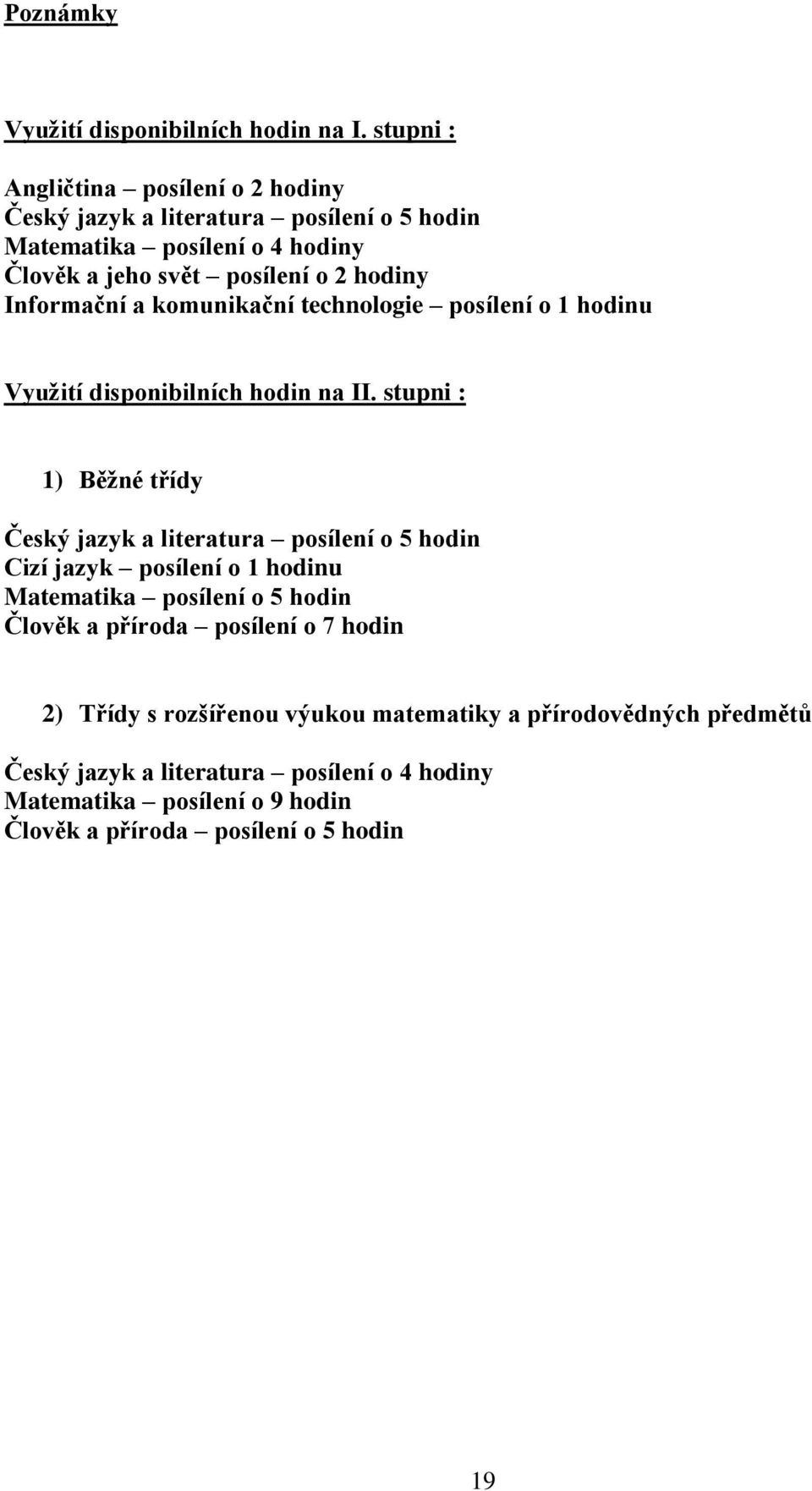 Informační a komunikační technologie posílení o 1 hodinu Využití disponibilních hodin na II.