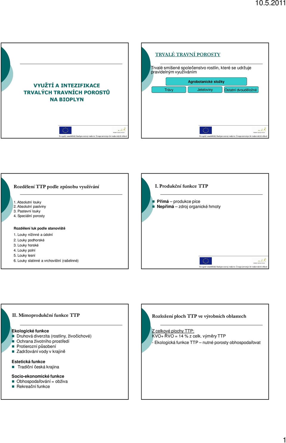 Speciální porosty Přímá produkce píce Nepřímá zdroj organické hmoty Rozdělení luk podle stanoviště 1. Louky nížinné a údolní 2. Louky podhorské 3. Louky horské 4. Louky polní 5. Louky lesní 6.